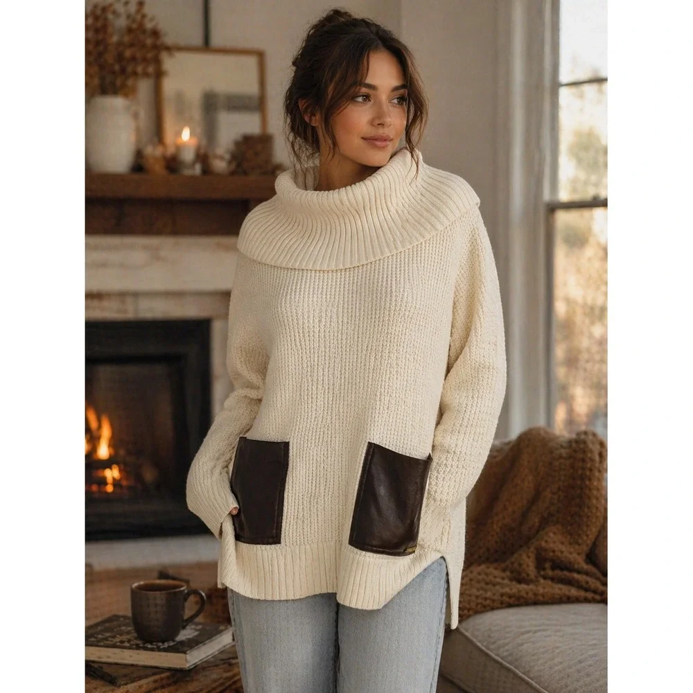 Michael‎ Kors Womens Cream Knit Cowl Neck Sweater Leather Pocket Pullover Chunky